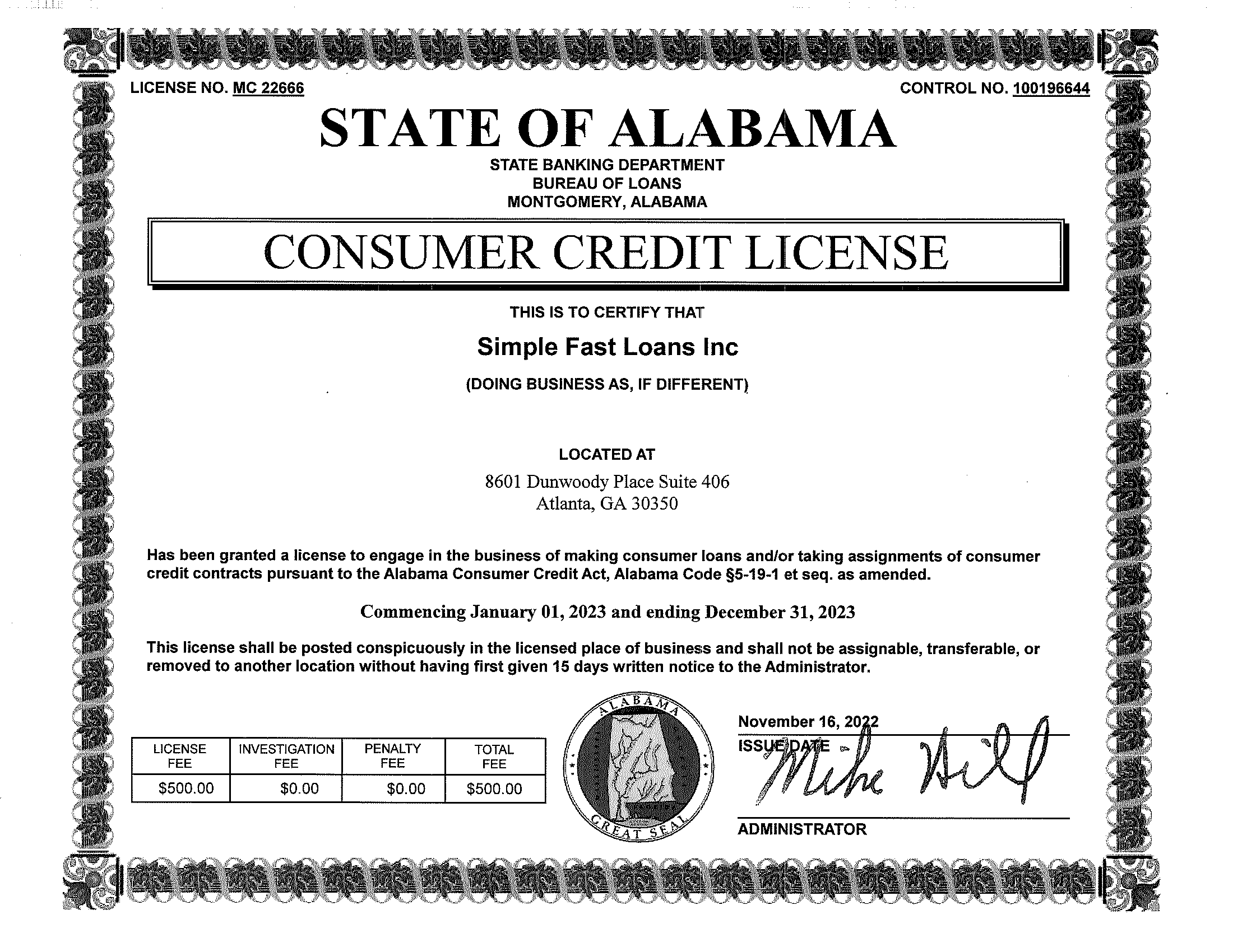 Alabama Consumer Credit License