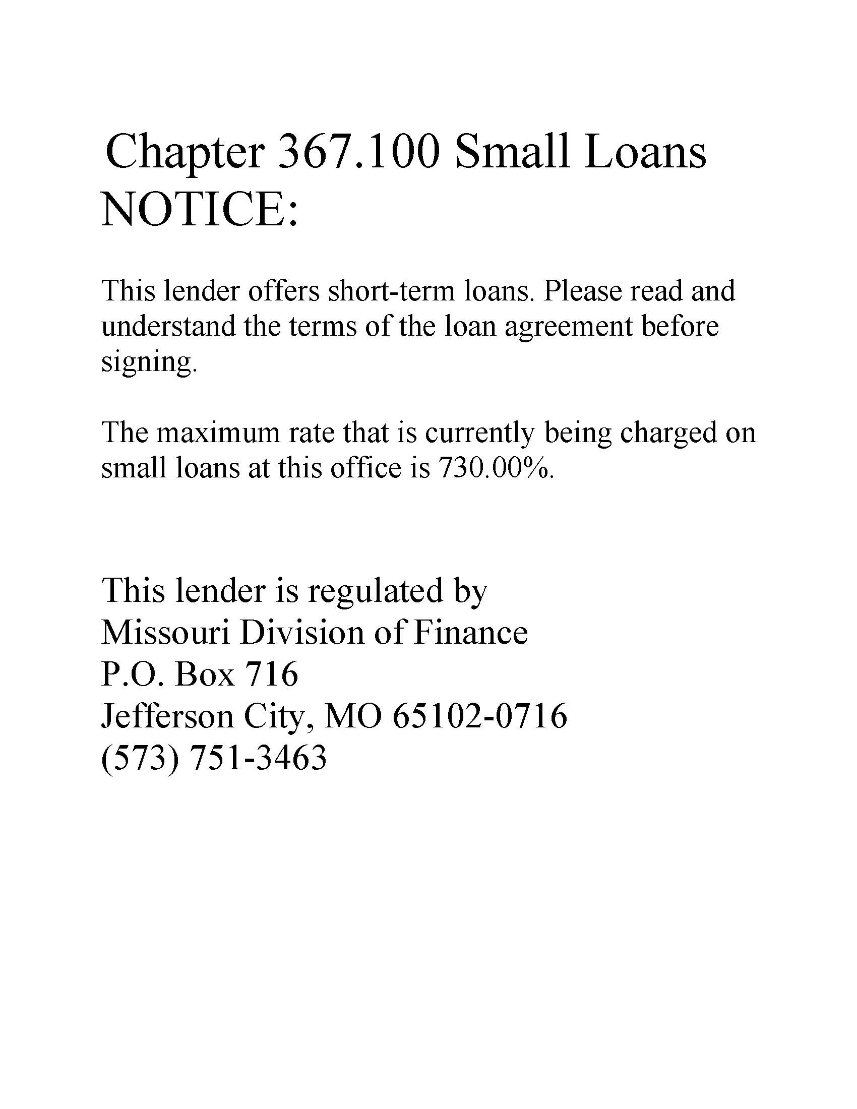 Missouri Small Loan Maximum Rate Notice