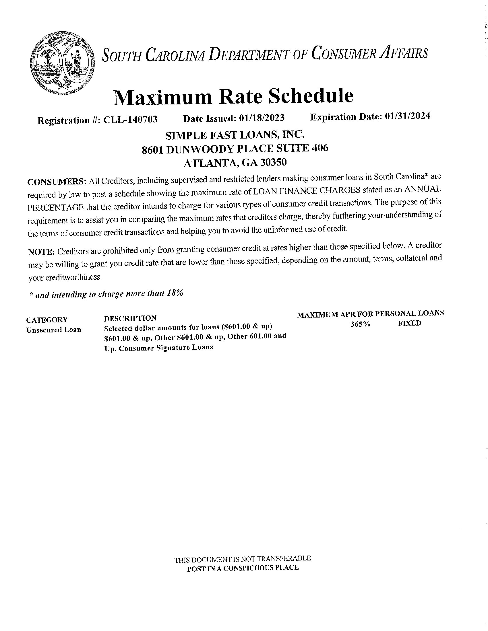 SC Max Rate Schedule<br />(Simple Fast Loans, Inc.) Disclosure