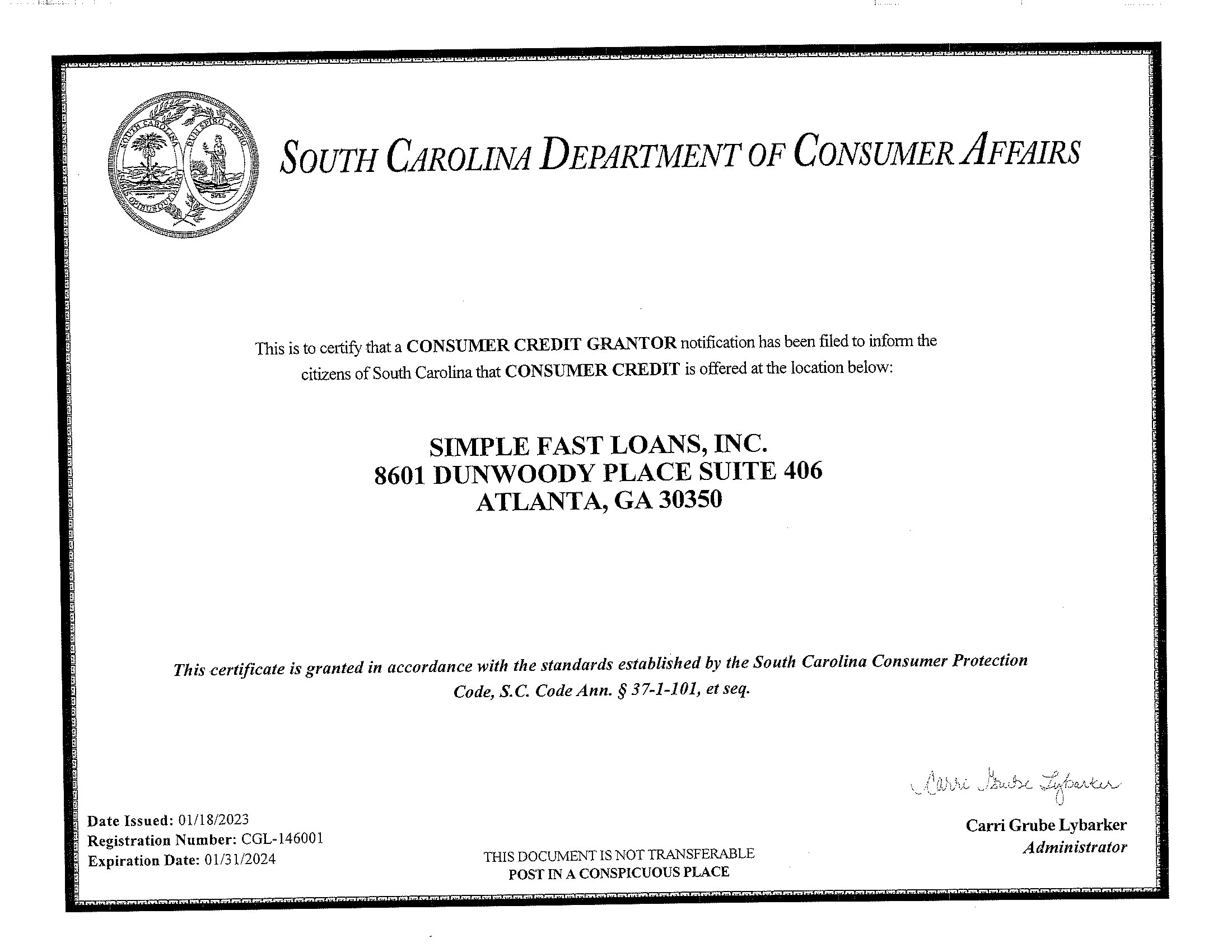 Consumer Credit<br /> Grantor Notice<br /> (Simple Fast Loans, Inc.) Disclosure