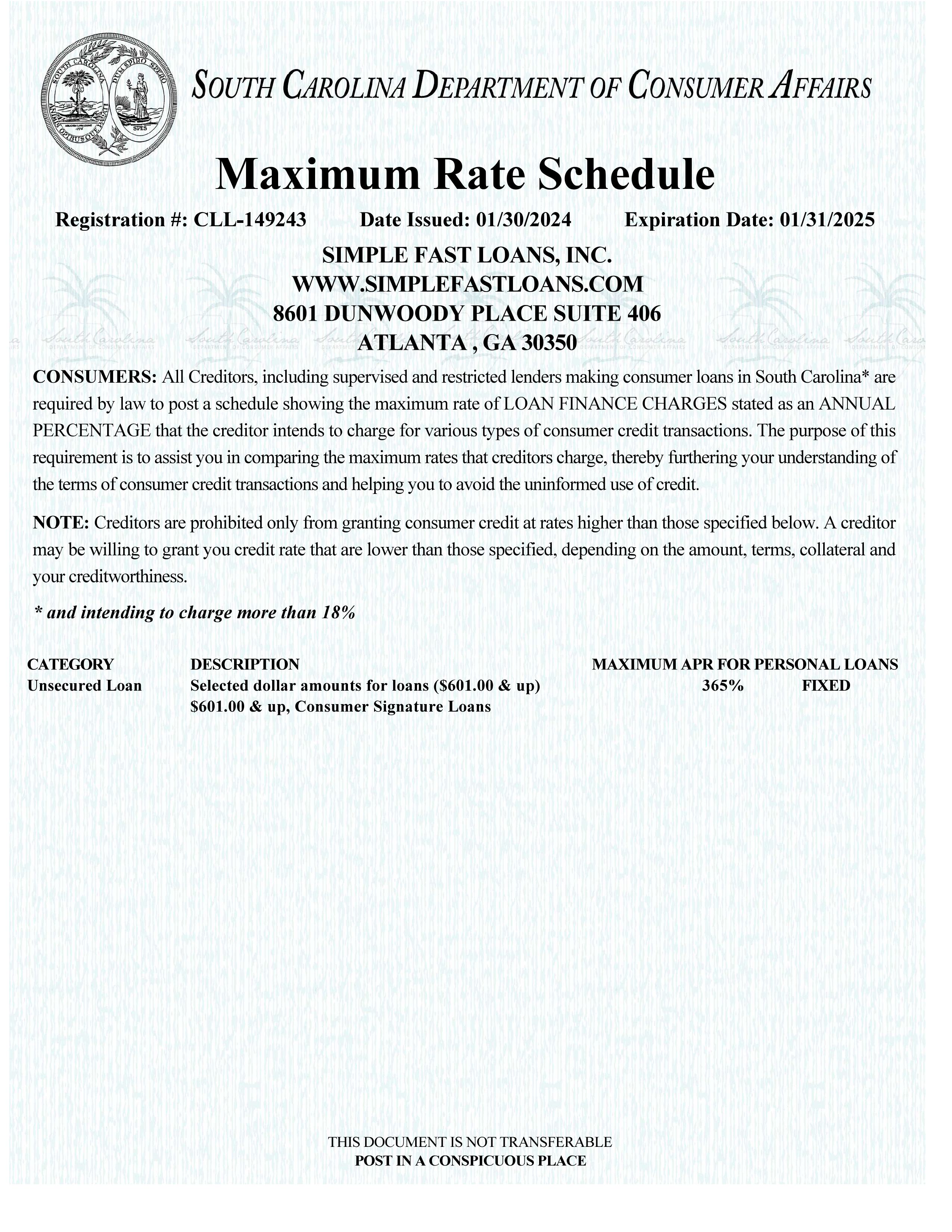 SC Max Rate Schedule<br />(Simplefastloans.com) Disclosure