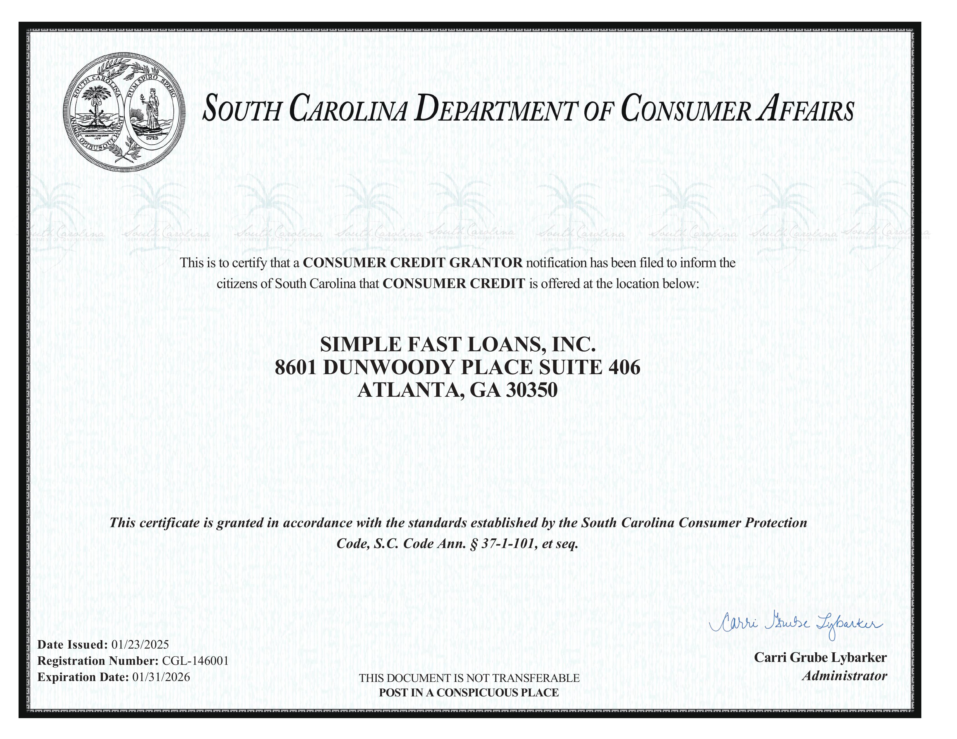 Consumer Credit<br /> Grantor Notice<br /> (Simple Fast Loans, Inc.) Disclosure