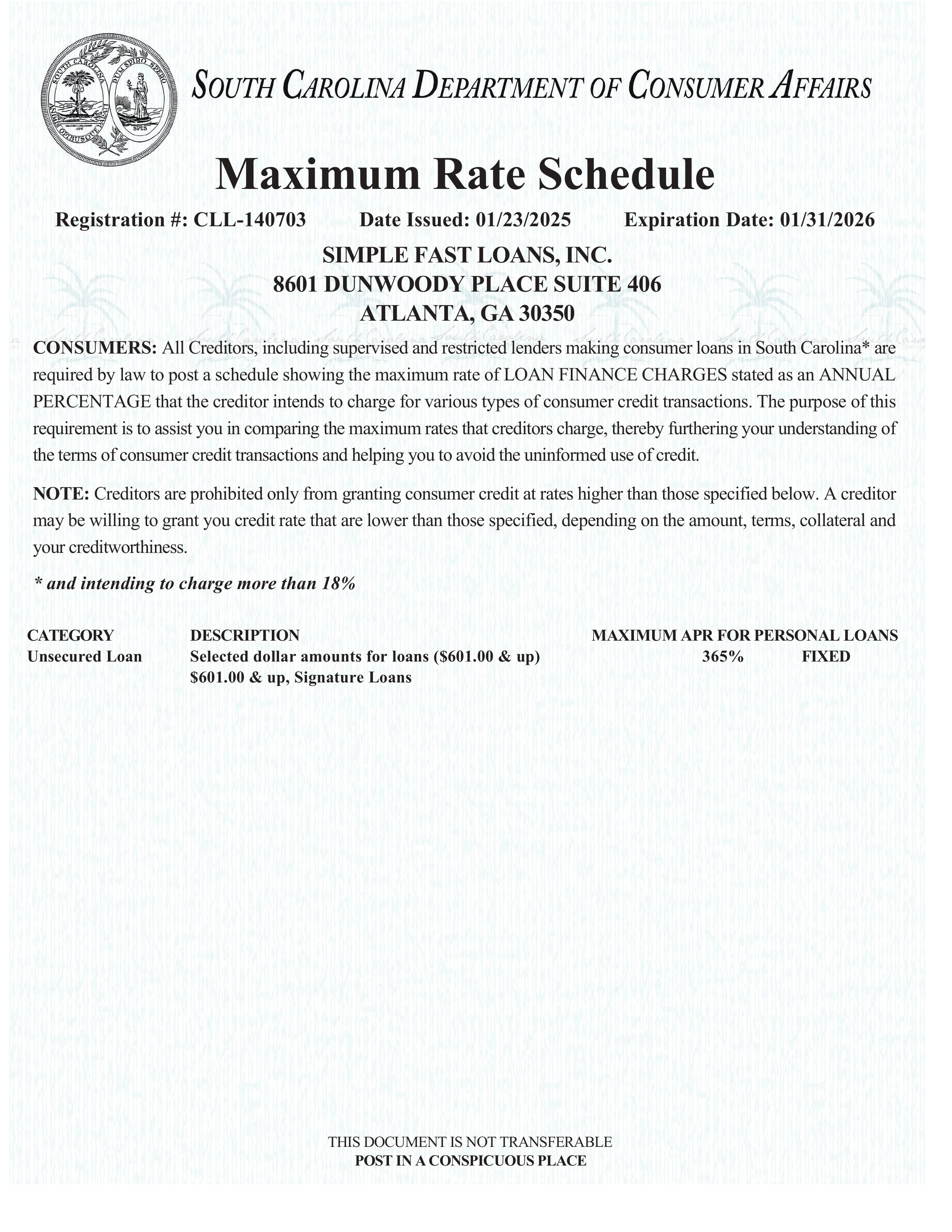 SC Max Rate Schedule<br />(Simple Fast Loans, Inc.) Disclosure