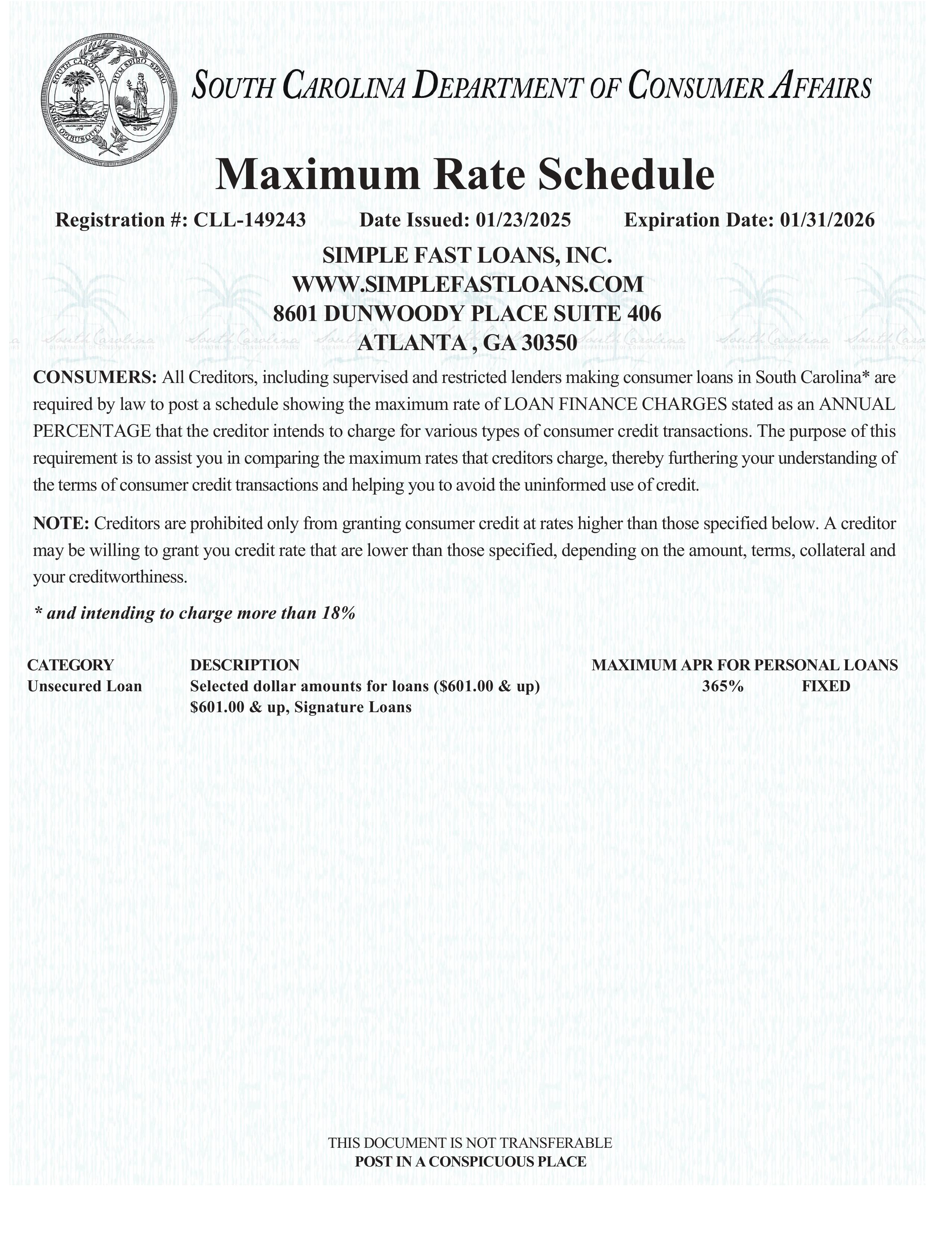 SC Max Rate Schedule<br />(Simplefastloans.com) Disclosure