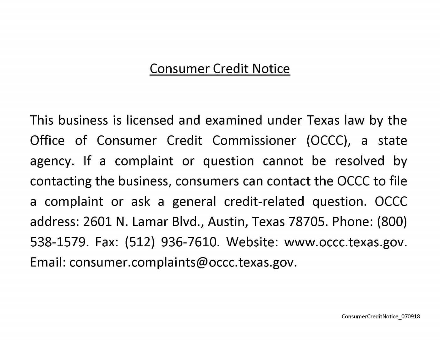 Consumer Credit Notice Disclosure