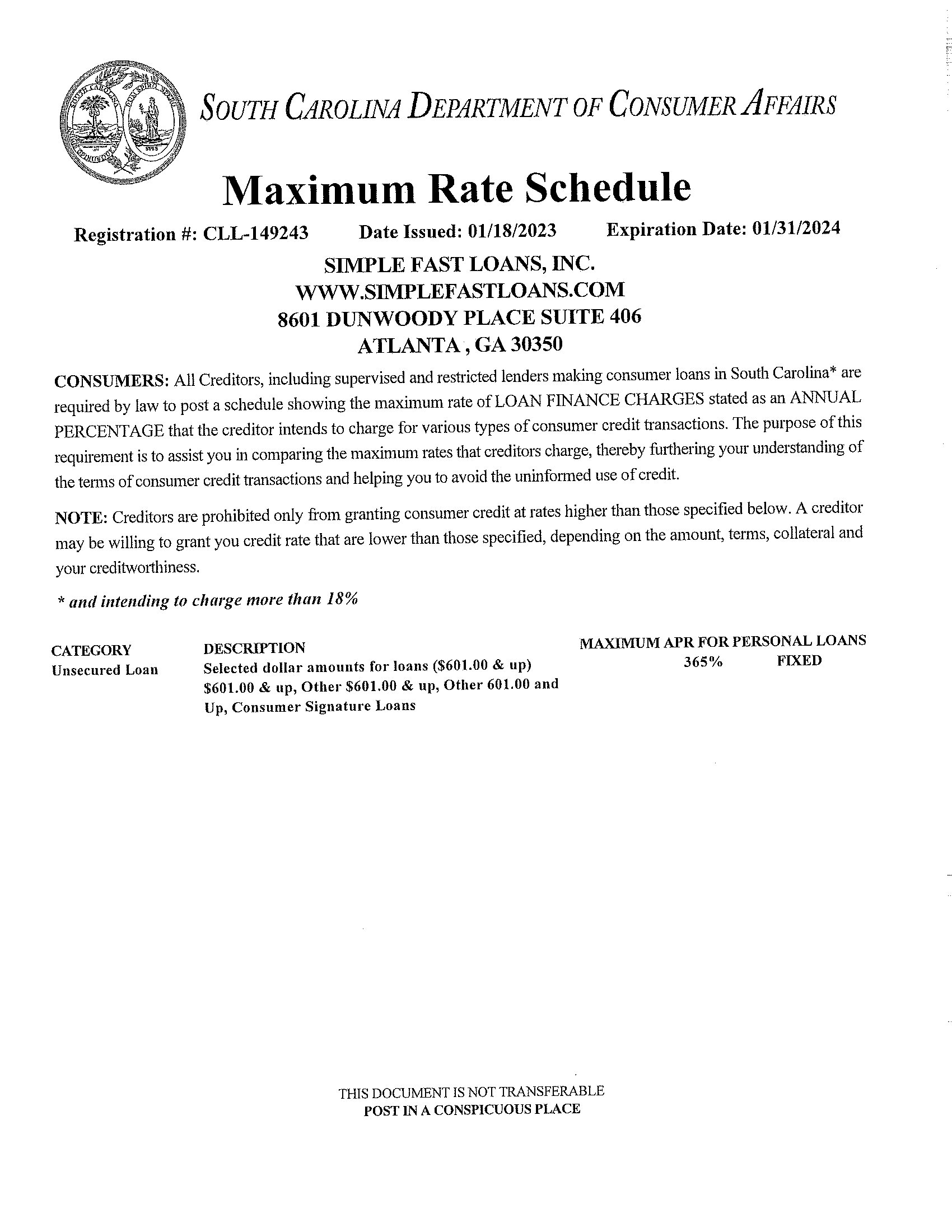 South Carolina Max Rate Schedule Certificate