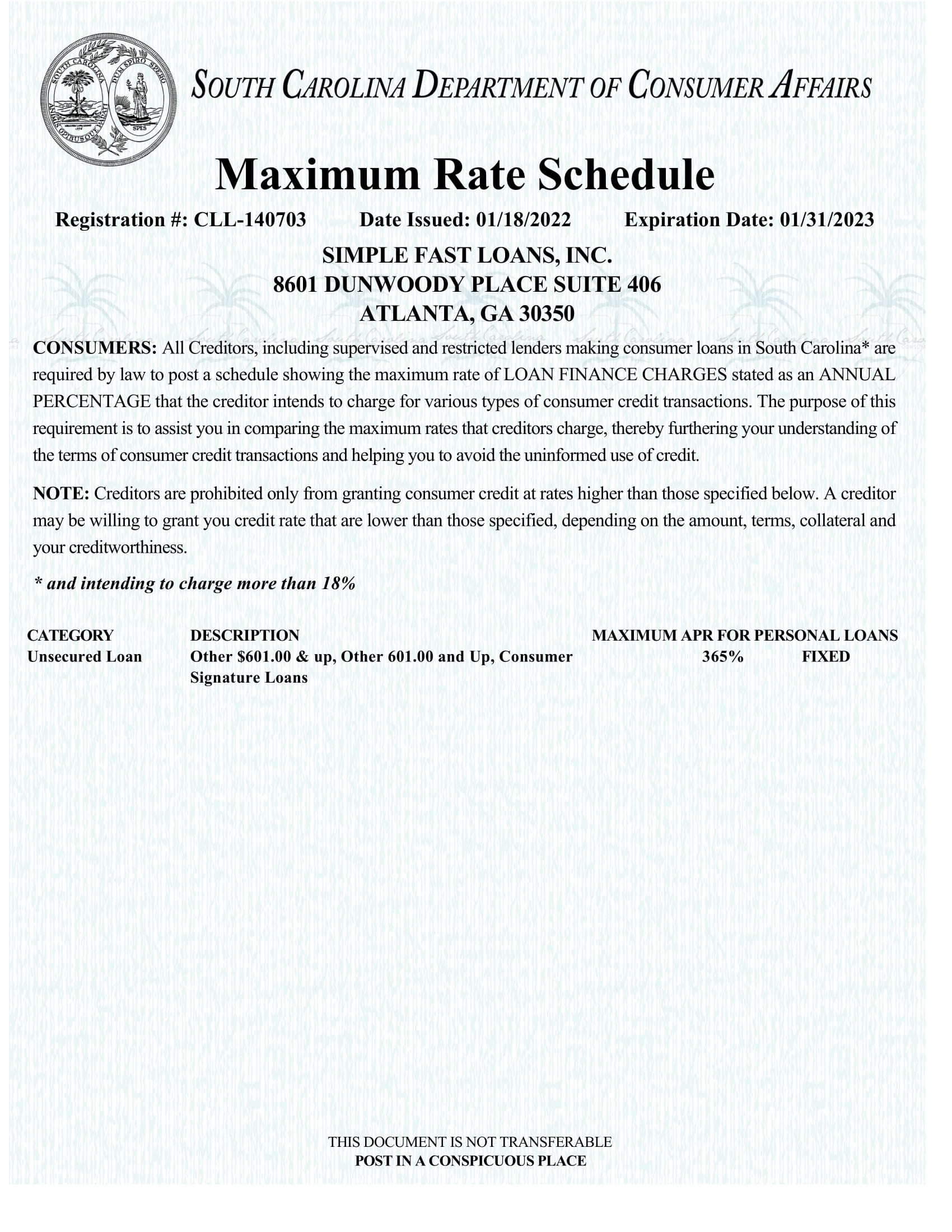 South Carolina Max Rate Schedule Certificate Modal